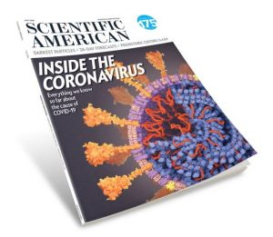 An image of Scientific American (July 2020 issue) with an illustration of the COVID-19 virus on the cover